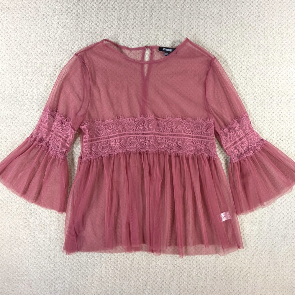 Sheer Mesh Lace Blouse Womens Med Pink Bell Sleeve Top Fairy Ethereal Romantic